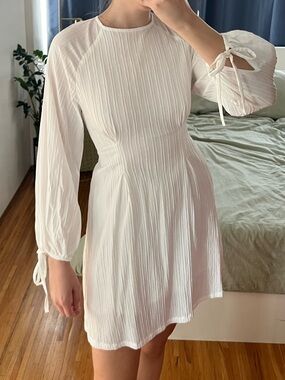 White Long-Sleeve Textured Mini Dress with Tie Cuffs